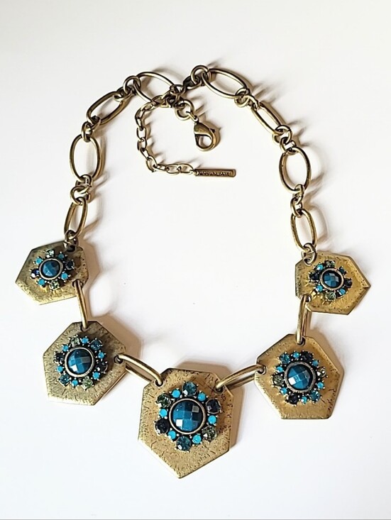 Mythologie Jewelry - Mythologie Statement Necklace with Teal, Blue & Green Stones In Antiqued Gold